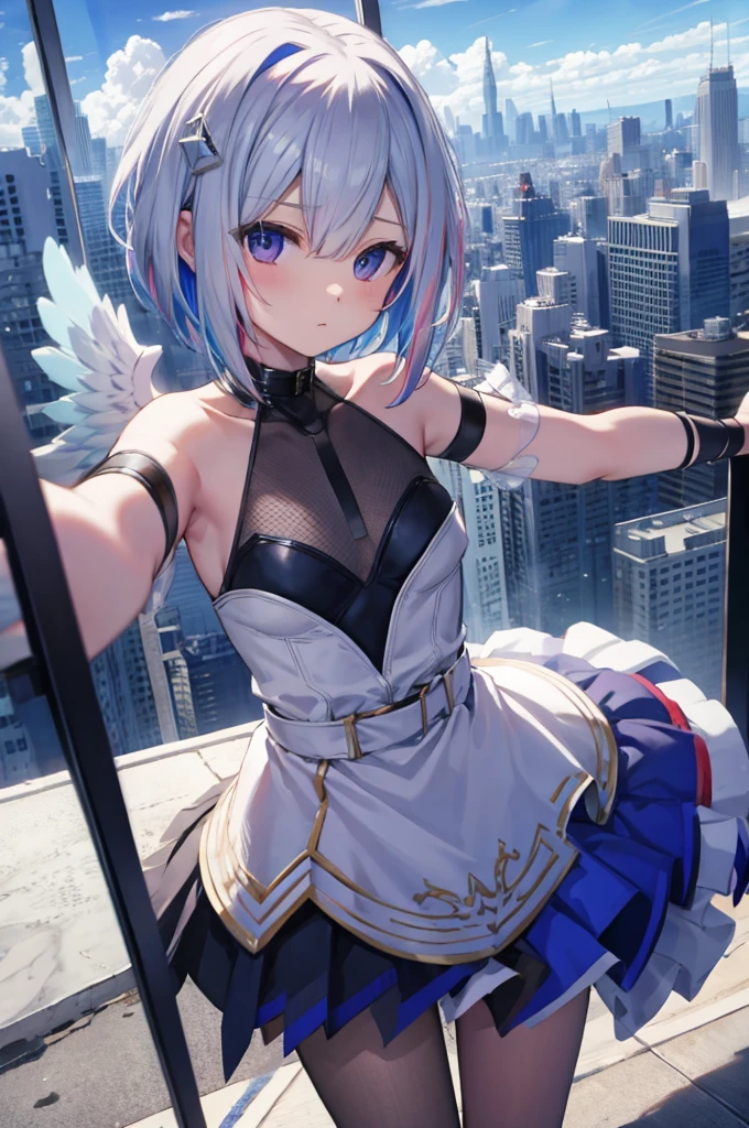 On top of a building、Overlooking the city、A fleeting expression、short hair、Small Wings、Shot from above、Concept Art、masterpiece、high resolution、Small breasts、Dynamic Angles