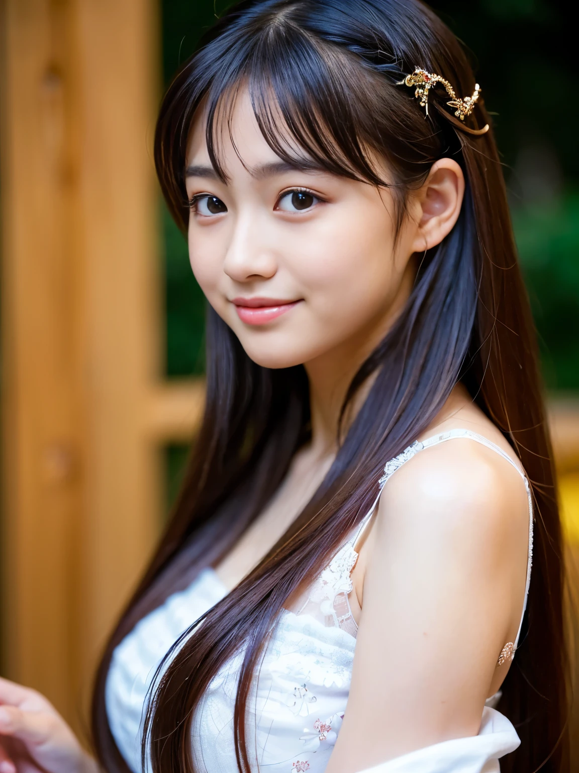 ((Best-quality, Masterpiece, Ultra-High-Resolution, (Photorealistic:1.4), Raw Photo,  depth of field, professional lighting)), 1girl, 15-years-old, the most famous Japanese idol, having fun at cast party, wearing ido's costume with cute-design, looking away, innocent smile, (extremely pretty face, (extremely pretty eyes), extremely beautiful hair, (extremely beautiful skins), extremely pretty long-eyelashes, extremely pretty lips)