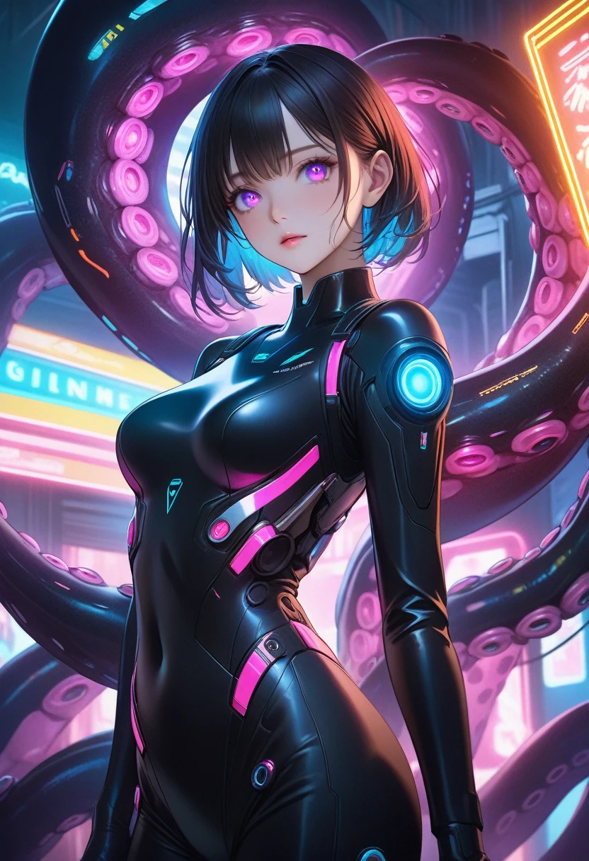 Realistic and complex perfect beauty face of a girl, detailed & Asymmetric perfect sharp galaxy glowing eye, detailed face, (((From face to waist))), (((Beautiful shape))), ((Sci-fi black plug suit with realistic neon lightetal mechanical parts、Robot tentacles with neon lights)), masterpiece, 4K, Ultra-high resolution