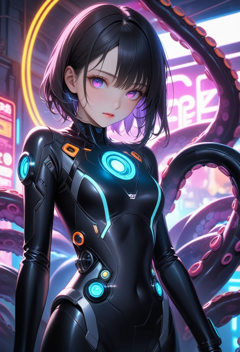 Realistic and complex perfect beauty face of a girl, detailed & Asymmetric perfect sharp galaxy glowing eye, detailed face, (((From face to waist))), (((Beautiful shape))), ((Sci-fi black plug suit with realistic neon lightetal mechanical parts、Robot tentacles with neon lights)), masterpiece, 4K, Ultra-high resolution