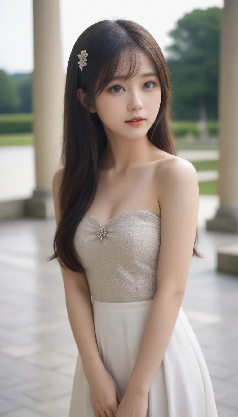 ((Beautiful gardens inside the castle))、(8K, Highest quality, Realistic:1.3, photoRealistic), (alone), (1 Girl), Japanese、Light, (masterpiece:1.2), Depth of written boundary, (In the room), (A nice firm mid-bust:1.2), Small beautiful butt, (Narrow waist), Thin thighs、(White skin), (Beautiful silky brown hair),(Beautiful Face:1.2) ,(Bright Eyes), Slender body line、(A petite and elegant girl:1.2、Baby-faced princess:1.4), alone , ((Noble costume:1.2))、(from the front)