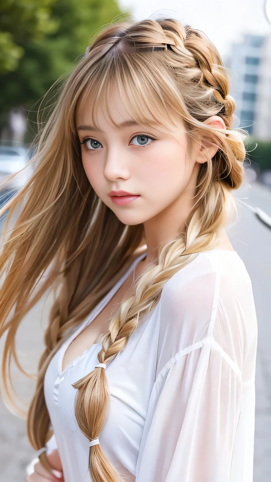 Sexy Big 、Sexy cute looks and cute 15 year old beautiful girl, beautiful and sexy face、A strong wind blows my hair in front of my face、beautiful long blonde French braided hair、beautiful, Cute and sexy eyes hidden behind long bangs