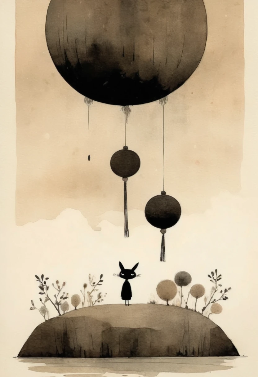 por Jon Klassen, Best Quality, Masterpiece, 8k, in black Chinese ink and touches of watercolor.