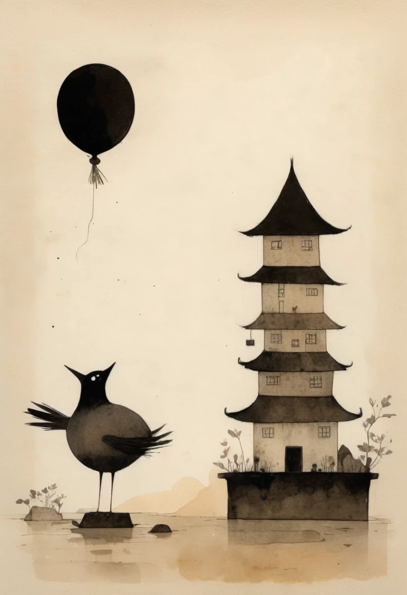 por Jon Klassen, Best Quality, Masterpiece, 8k, in black Chinese ink and touches of watercolor.
