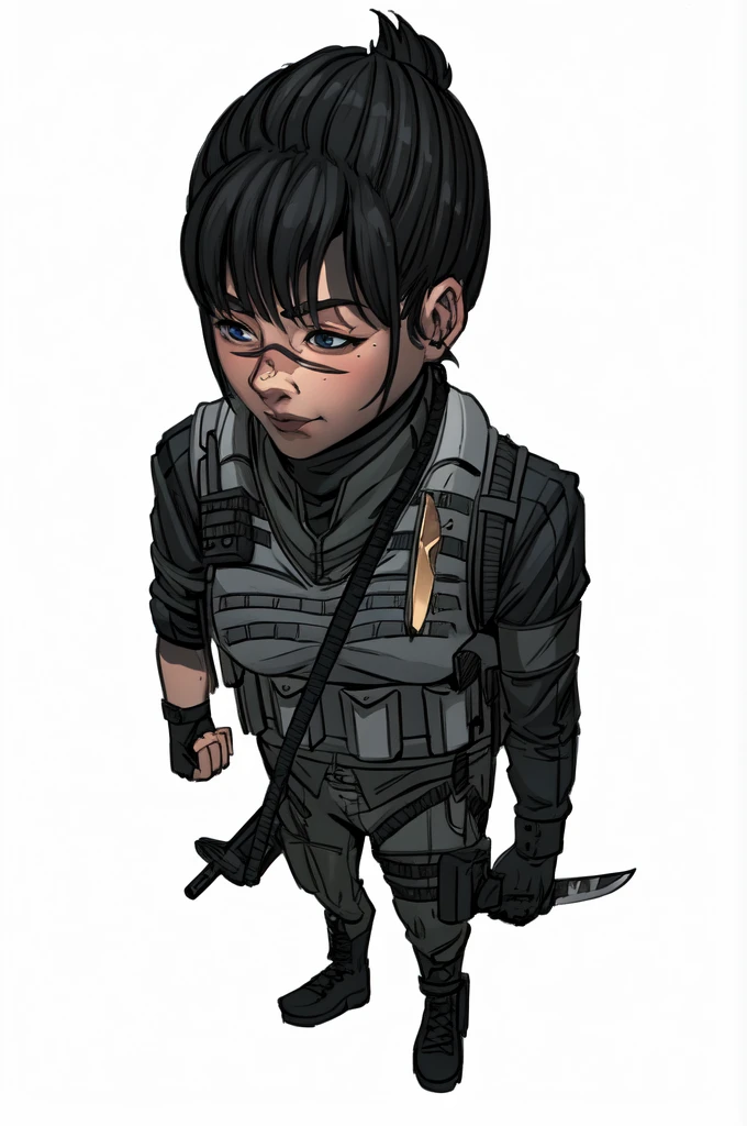 a cartoon drawing of a woman with a knife and a backpack, girl, blue eyes, thicc, cassandra cain, digitally colored, rukis. comic book style, female lead character, an edgy teen assassin, epic comic book style, ( ( character concept art ) ), katana zero video game character, highly detailed exquisite fanart, detailed character art, official character art, character art closeup
