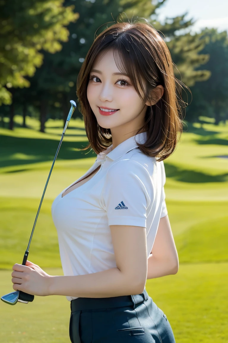 Golf course, Highest quality, shape, Very detailed, In detail, High resolution, 8k wallpaper, Perfect dynamic composition, Beautiful details,  Natural Lip, Golf Wear, Big Breasts, Cleavage, She is looking back and smiling in a cute pose.., A masterpiece of the whole body, Side Short