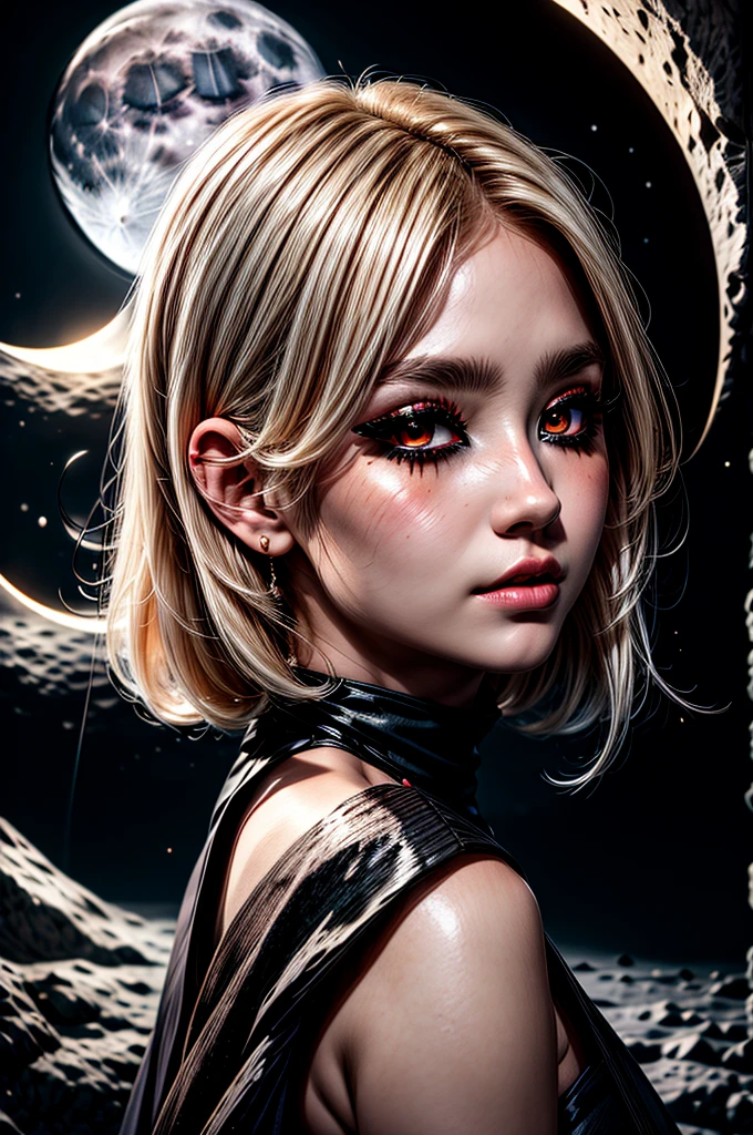 1woman, moon background, black dress, red eyeliner, white skin, brown eyes, intense blush, blonde hair, looking at viewer from side