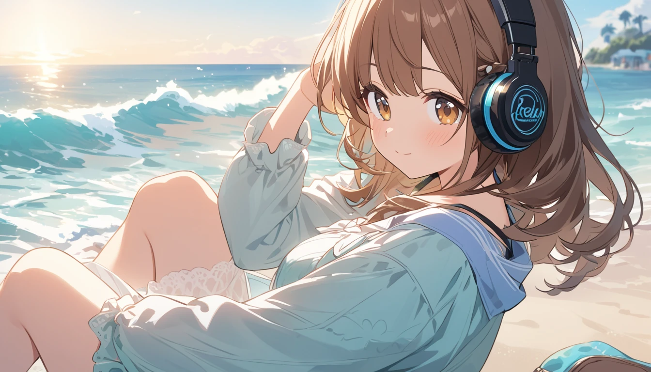 Girl wearing headphones,Brown Hair,1 person,bright,Detailed Background,「Seaside Research」 - Relax with the sound of the waves,cute,pop