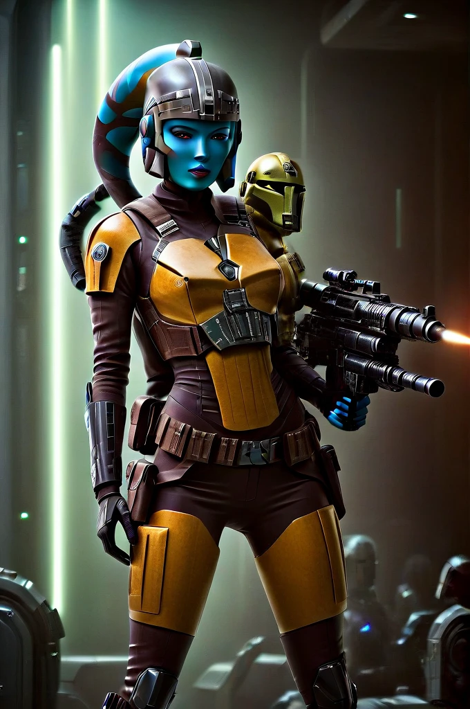 A ((female Twi'lek ))Mandalorian, detailed futuristic armor, intricate helmet, jetpack, blaster rifle, epic pose, dramatic lighting, gritty sci-fi atmosphere, cinematic, dramatic colors, highly detailed, 8k, photorealistic, masterpiece female Twi'lek
