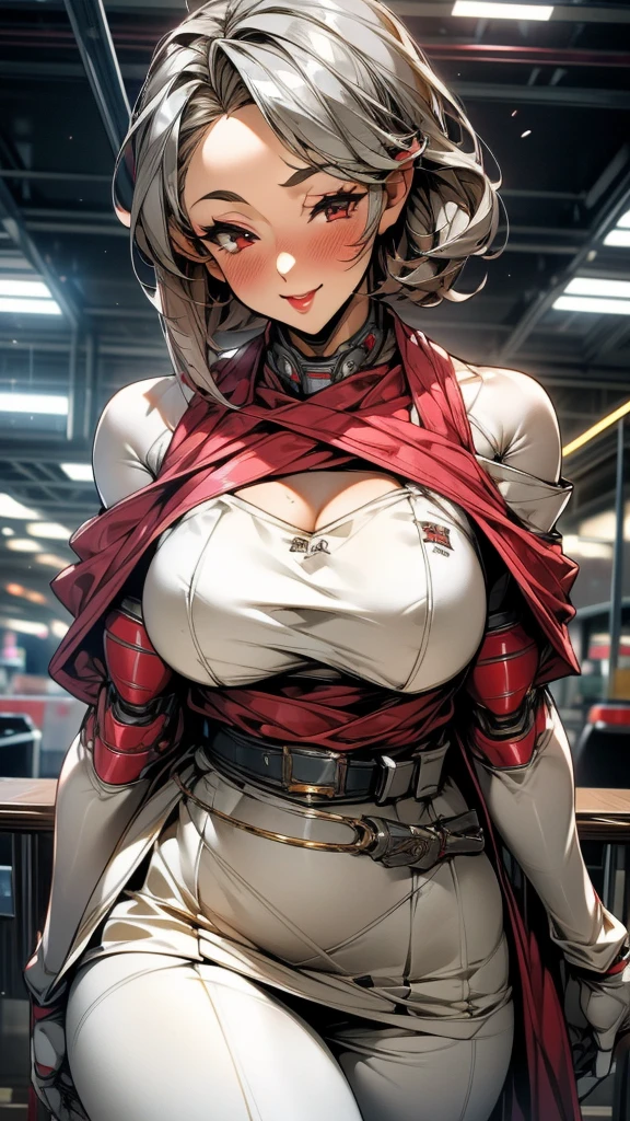 8k,best quality,masterpiece,Very detailed,Semi-realistic,a girl,White off-shoulder top,White gloves,White and red striped tight skirt,Silver wavy short hairstyle,Red eyes,Makeup Eyeshadow,Lipstick,Smile,science fiction apocalypse,Fighter warehouse,chest mecha,Large Breasts,Arm mecha,Mecha belt