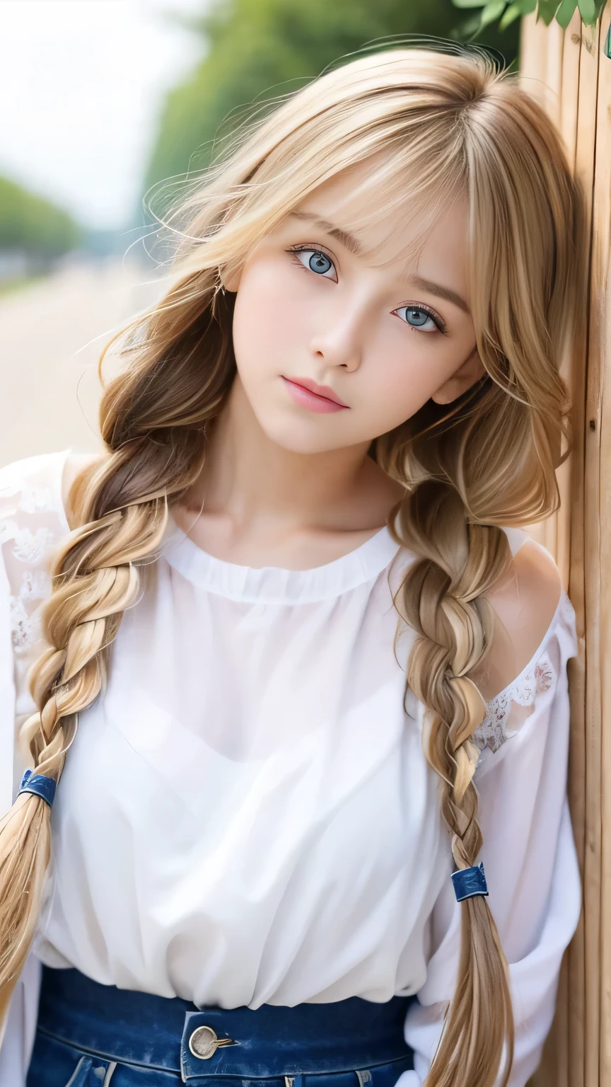 Sexy Big 、Sexy cute looks and cute 15 year old beautiful girl, beautiful and sexy face、A strong wind blows my hair in front of my face、beautiful long blonde French braided hair、beautiful, Cute and sexy eyes hidden behind long bangs