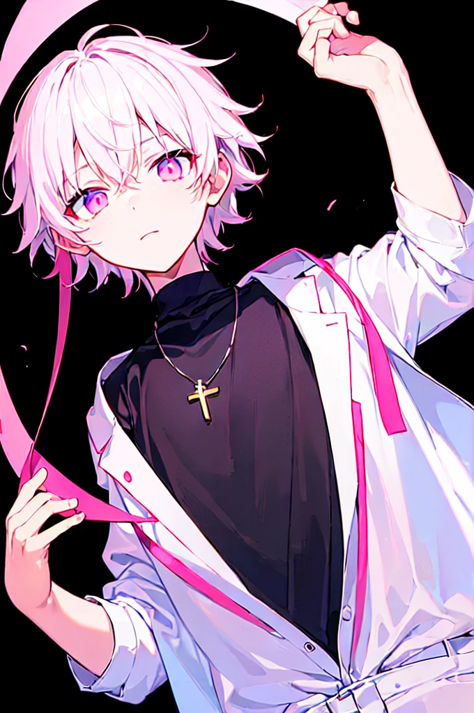 [(BLACK BACKGROUND:1.5)], ((((masterpiece)))), high quality, ((solo)), ((1 little boy)), ((white short hair)), (pink color eyes), upper body, civilian clothes white, Necklace of crosses, (Dark effect:1), anime,