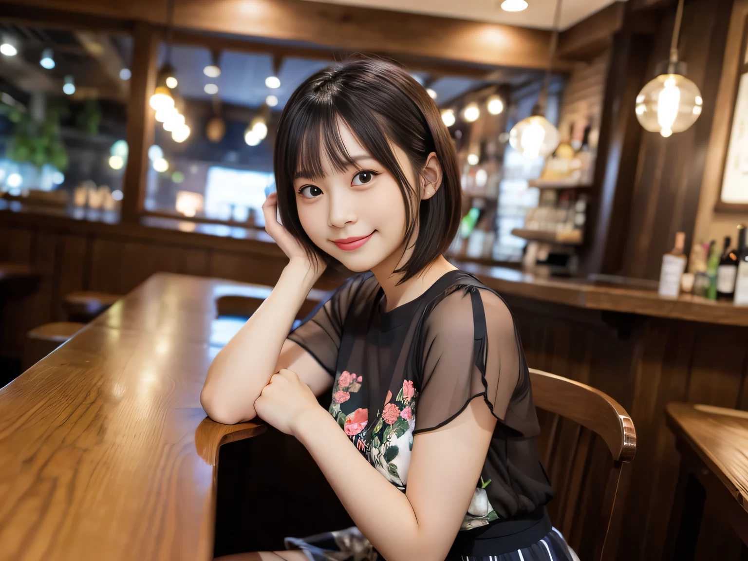Highest quality, masterpiece, Ultra-high resolution, 8k, RAW Photos, Realistic, Anatomically correct:1.5), 20-year-old girl:1.2, Embarrassing, avert your eyes, blush:1.0, View Viewer, ((bar)) 、Large windows、Night view、 Light:1.2, Bokeh, Cinema Lighting:1.0, Depth of written boundary, sharp、 Cute Face、Idol、Black short sleeve tulle top、Black tulle skirt、wine colored clothes、”dwarf”、(Floral clothes)、(Full Body Shot)、Side angle、Cowboy Shot、 smile、((Ultra short hair、Berry Short))、(Straight bangs)、((See-through))、(( One Girl))、Waist、I can see your thighs、