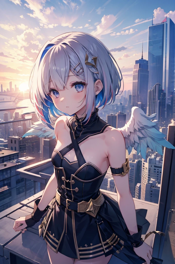 On top of a building、Overlooking the city、A fleeting expression、short hair、Small Wings、Shot from above、Concept Art、masterpiece、high resolution、Small breasts、Dynamic Angles