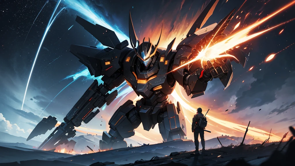 one  men , Fighting a giant robot ,destroyed cenario , sparks of fire , epic scenery , man with sword, black hole in the sky 