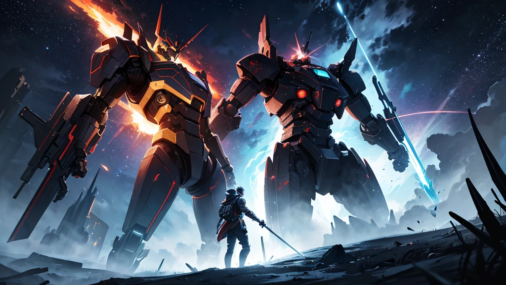 one men , Fighting a giant robot ,destroyed cenario , sparks of fire , epic scenery , man with sword, black hole in the sky
