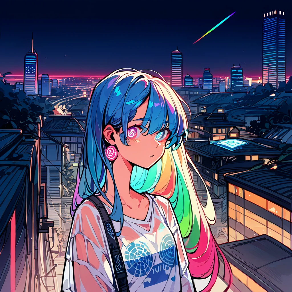 score_9_up, score_8_up, score_7_up, score_6_up, source_anime，cinematic angle、1girl、2d, flat、Transparent color PVC clothing, Transparent Color Vinyl Clothing, Prismatic, Holographic, chromatic aberration, Fashion Illustration,City、Night view