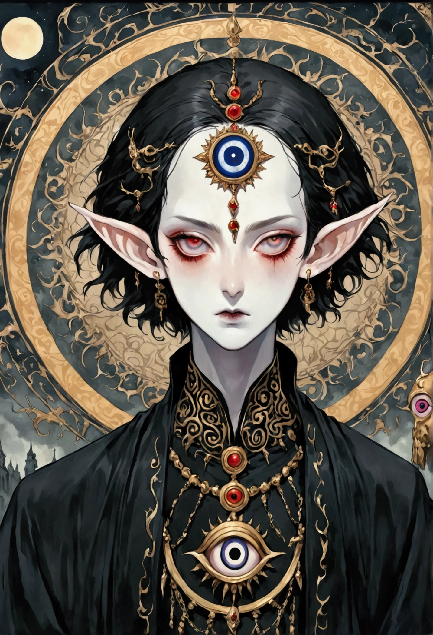 Gothic Dark Art,(((Zombie Master,short hair,独奏,third eye on the forehead,Elf ears))),(((robe:1.6,Eye Diagram,Dark Pattern))).(((hat))),whole body,Death Stare Background。body movements