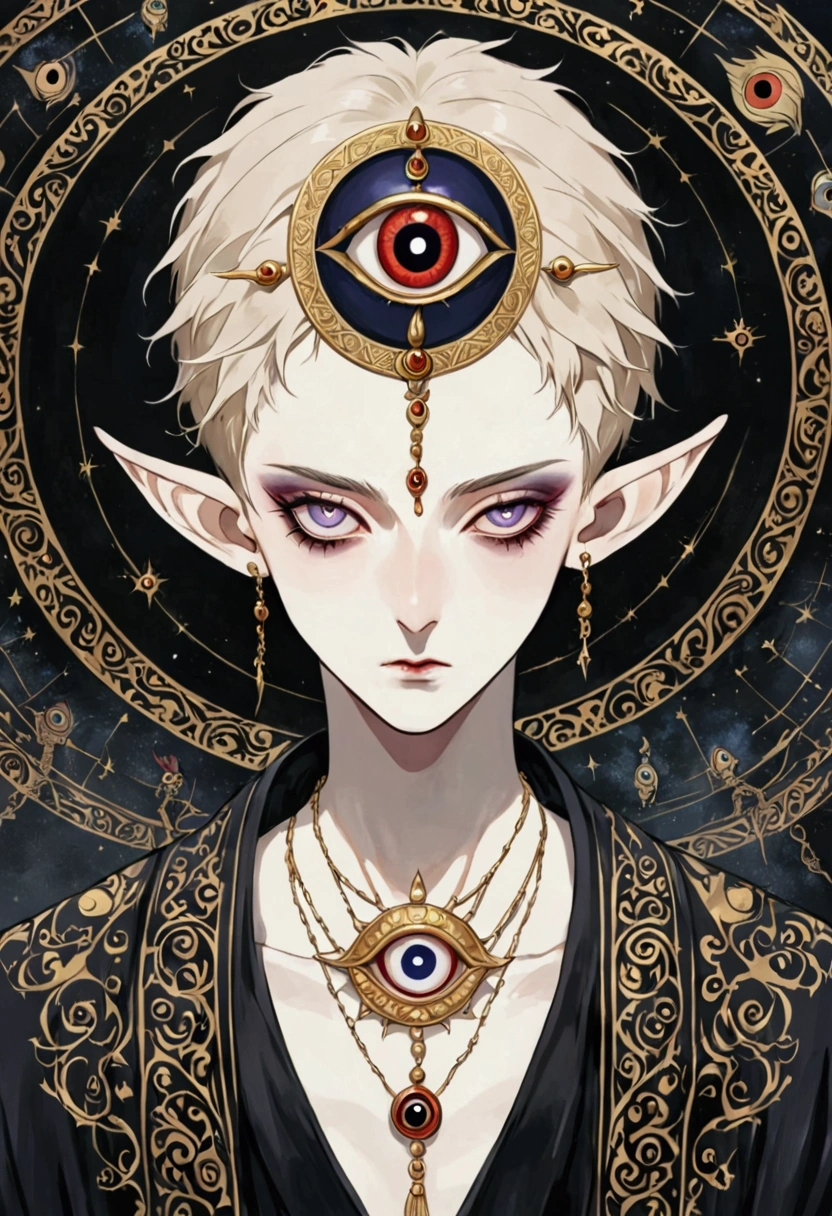 Gothic Dark Art,(((Zombie Master,short hair,独奏,third eye on the forehead,Elf ears))),(((robe:1.6,Eye Diagram,Dark Pattern))).(((hat))),whole body,Death Stare Background。body movements