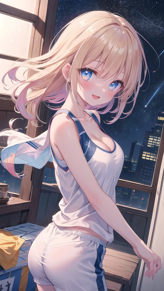 (8k, best quality, master piece: 1.2),super high resolution,1 girl, solo, colorshift eyes, hyperdetailed, expressive eyes, ultra-detailed face, ass pov, 便t－Vintage Dress、Random hairstyle、Random hair color、Midnight、Out of the window、starry skies, Collarbone, Ecstatic expression, cleavage,wariza, cowboy shot