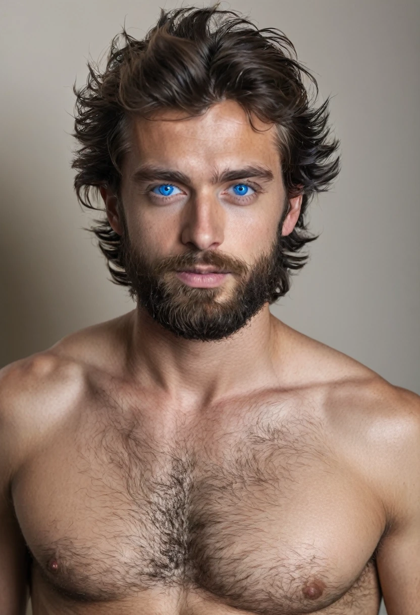 man, 25 years old, very hairy, (blue eyes), handsome, no shirt, hairy chest, from Libia, FUJIFILM, cinematography, 16k, uhd, in a studio