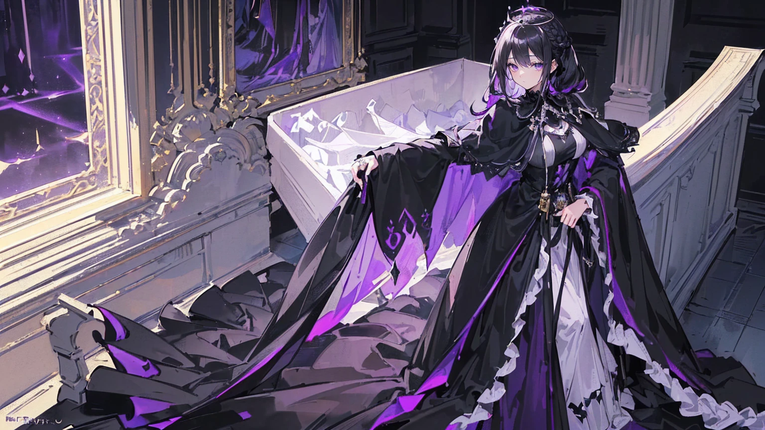 (Super detailed)),((illustration))，((masterpiece)),(((need))),((fine、Highest quality CG Unity 8K wallpapers，masterpiece），（（4K，masterpiece，best quality）），Black hair queen，Waist-length hair，Royal sister，Sexy，Tall figure，Lilac eyes，Standing upright in a coffin，mummy，The whole body is wrapped in bandages，There is a coffin beside him，Mature，Hair Bunch，Hair tied on both sides，Black and purple French vintage clothing，Gorgeous pure black cape，Black veil，Purple-white halo，Black purple boots，Wearing a crown on the head，Holding a knight&#39;s sword，pyramid，Emitting dim purple light，Brilliant palace，Mysterious symbols,individual，Emit a dim light，Full body picture