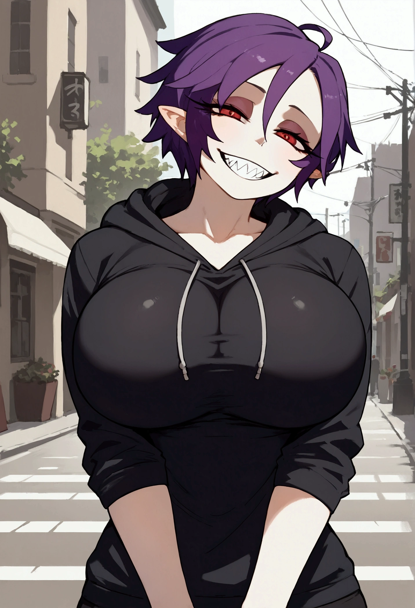 score_9, score_8_up, score_7_up, score_9,4k, HD, 8k, highres, antialiasing, texture, BREAK vampySDXL, 1girl, solo, looking at viewer, smile, short hair, large breasts, red eyes, purple hair,teeth, pointy ears, grin, makeup, sharp teeth, eyeshadow , gothic, cowboy shot, black hoodie, short, street background, cowboy shot,