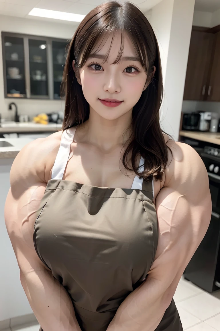 (Best quality,masterpiece,ultra detailed,8K,RAW photo,realistic,high resolution:1.2),(Pretty Japanese girl),(Super huge tits:1.4),(light brown hair),(maid costume:1.4),(muscular:1.6),(shoulder length),(light smile)