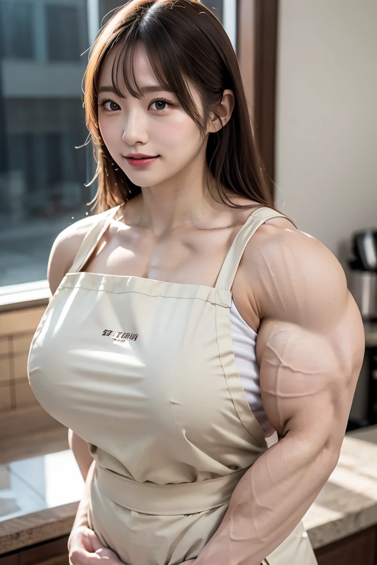 (Best quality,masterpiece,ultra detailed,8K,RAW photo,realistic,high resolution:1.2),(Pretty Japanese girl),(Super huge tits:1.4),(light brown hair),(apron:1.4),(muscular:1.6),(shoulder length),(light smile),(huge arms:1.5)