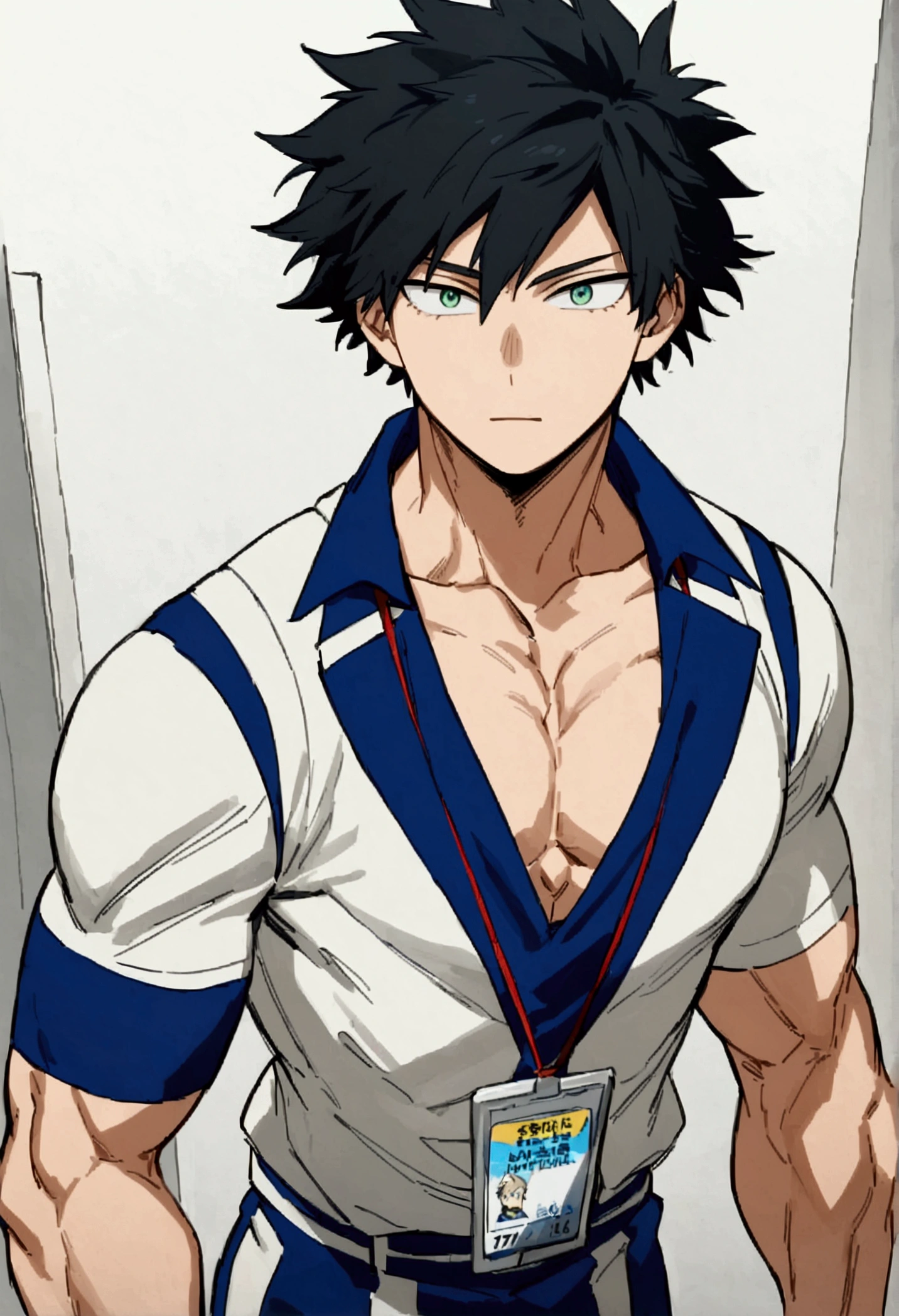 He is a 17 year old teenager, He has slightly disheveled very black hair..., somewhat light green eyes, (front angle ), (Student id card my hero academy)  , muscular body , He is dressed in the anime uniform. "my hero academia"