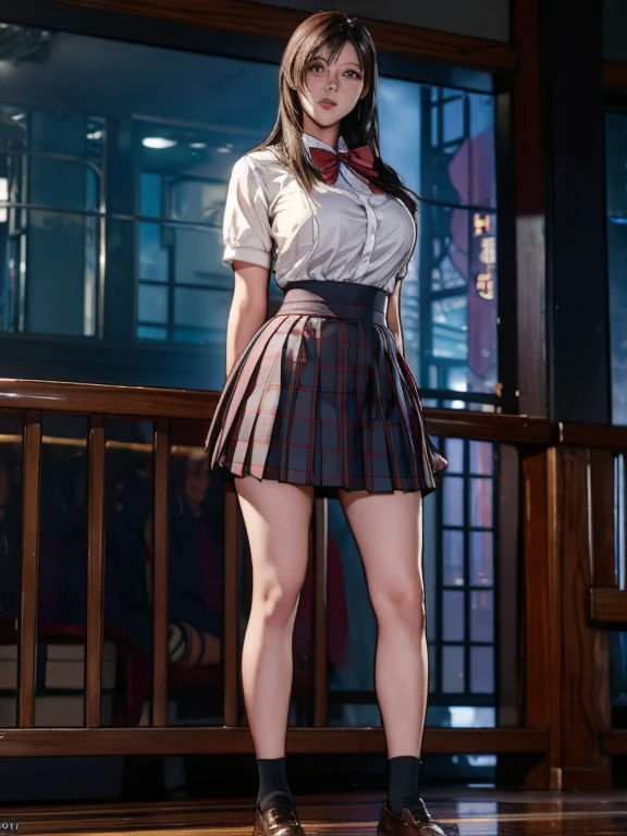 school girl uniform , steam , rain , plaid skirt , pleated skirt , The shirt is tight. , white shirt , school girl , red bow , red knot , highly detailed photo of Tifa Lockhart posing, final fantasy 7 remake, red eyes, intricate, highres, 8k, detailed hair, detailed skin, masterpiece, very long hair, award-winning photography, sharp focus, dramatic lighting, unreal engine 5, full body shot