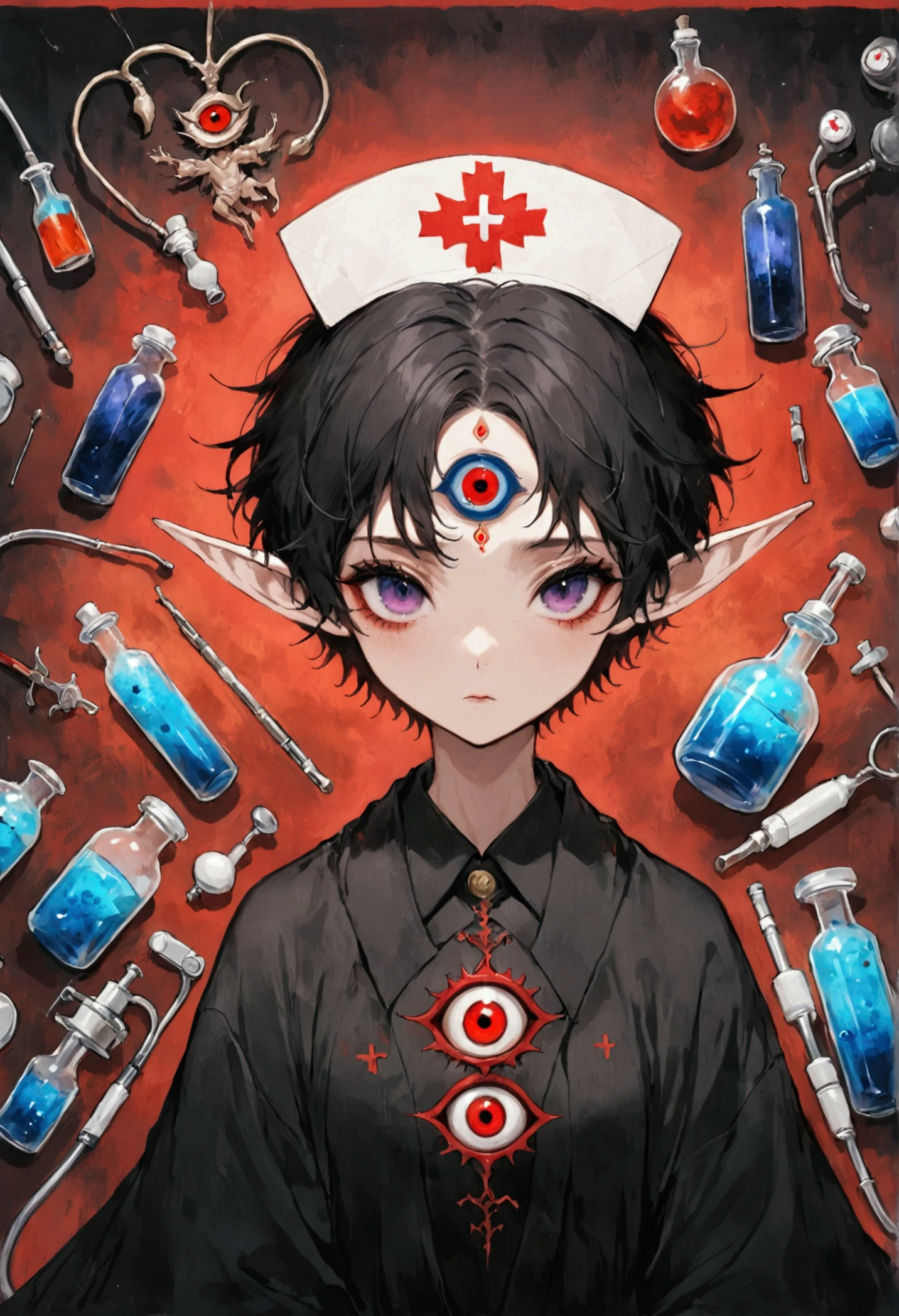 (((Lord Nether，short hair，独奏，third eye on the forehead，Purple pupils，Dark eyeshadow，Elf ears))),(((robe：1.6，Eye Diagram，Dark Pattern))).(((Nurse hat，Infusion bottles，medical instruments，rescue，first aid)))，whole body，Death Stare Background。body movements
