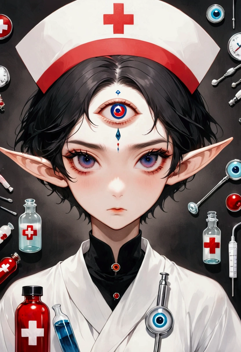 (((Lord Nether，short hair，独奏，third eye on the forehead，Elf ears))),(((robe：1.6，Eye Diagram，Dark Pattern))).(((Nurse hat，Infusion bottles，medical instruments，rescue，first aid)))，whole body，Death Stare Background。body movements