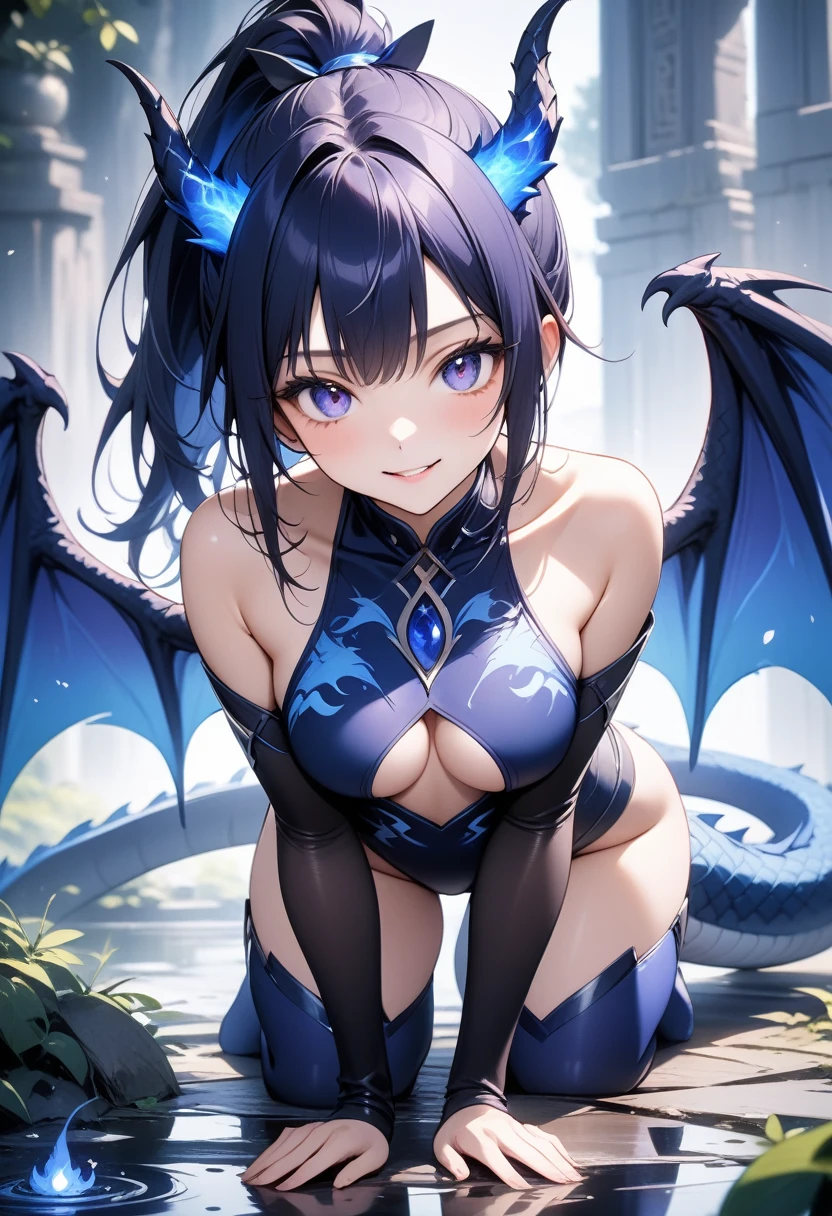 ((Highest quality、unity 8k wallpaper、32k、masterpiece、Very detailed、Ultra-high resolution、Ultra-high resolution、 Very detailedな顔, RAW Photos, Professional, Ultra-fine painting, Anatomically Correct Dragon Girl)) Yui Kotegawa transforms into a Blue Dragon, kotegawayui, Long black hair, Yellow Eyes, ((Reptile Eyes))、mouth with sharp fangs,、(((Impressive lizard tail extending from tailbone))) 、(((Giant blue bat wings growing from the shoulder blades on his back)))、((Dragon legs with sharp claws、Covered in fine scales from the toes to the thighs、Covered in fine blue scales from fingertips to shoulders、Long nails on the fingertips))、Nipples are fully visible、(The boundary between the scales and the skin is unclear)、((A small fin on the spine that continues to the tail))、