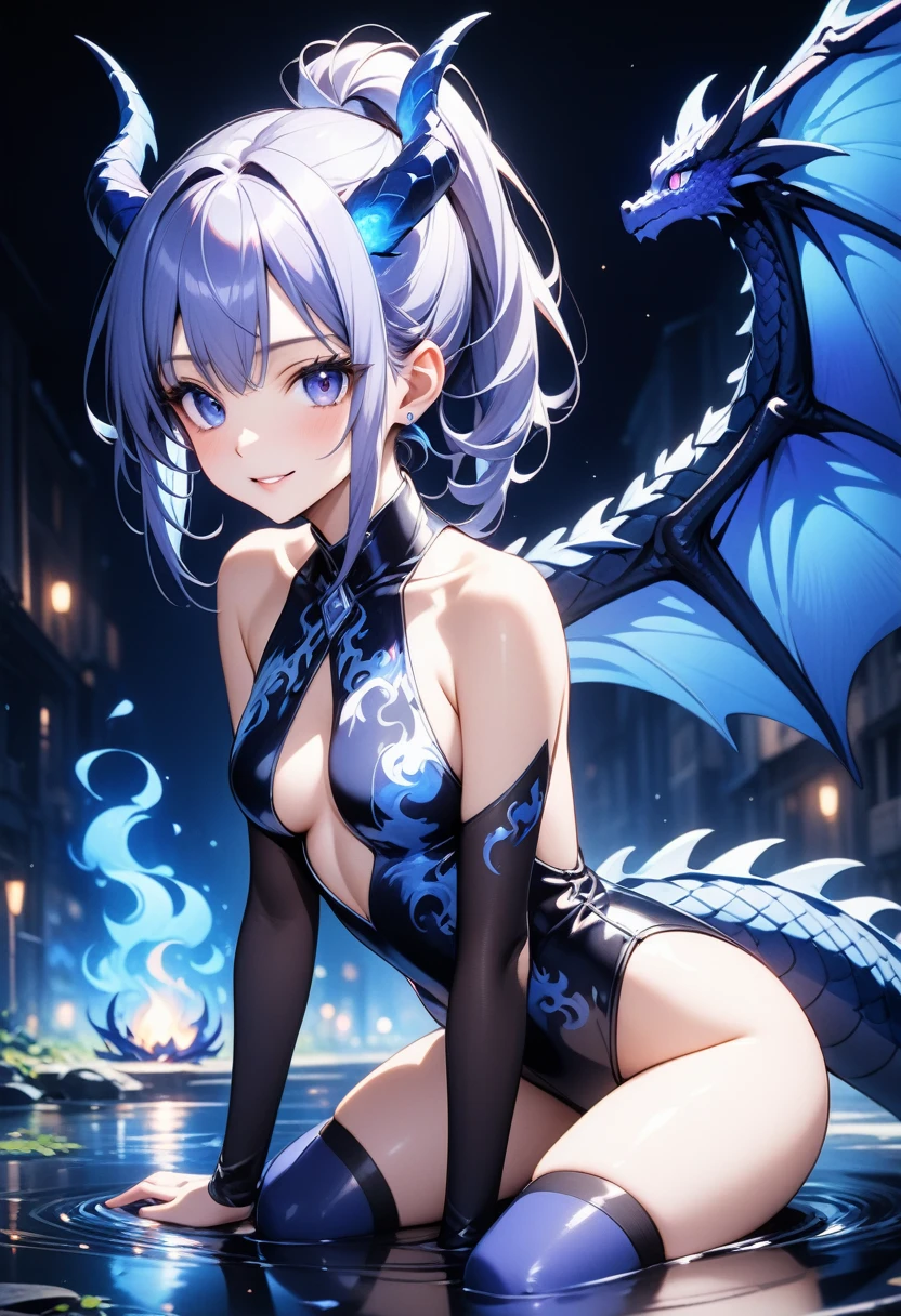1 dragon girl, iolite eyes, (dragon wings:1.1), gorgeous wings, dragon horns, (dragon tail:1.1), ponytail, smirk, parted lips, cute,
medium breasts, (underboob:1.1), (sideboob:0.9), bare shoulders,
(flame print:1.1), sideless outfit, leotard, thighhighs,
sitting, wariza, leaning forward,
(too many indigo flames:1.1), (blue night:1.1), (blue ruins:0.8), (surface reflection:0.9), puddle,
sharp focus, looking at viewer, close-up,
(indigo atmosphere:1.1), (indigo tone:1.1), (deep blue tone:0.9), ((Gloss Outfit)),
illustration, (anime coloring:1.1),
BREAK (masterpiece:1.2), (best quality:1.2), newest, (intricate details:1.2), ai-generated,