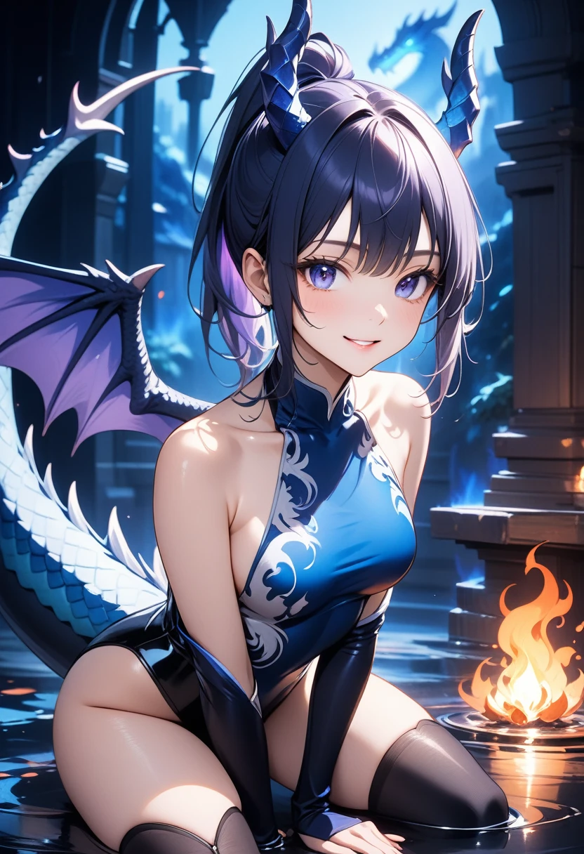 1 dragon girl, iolite eyes, (dragon wings:1.1), gorgeous wings, dragon horns, (dragon tail:1.1), ponytail, smirk, parted lips, cute,
medium breasts, (underboob:1.1), (sideboob:0.9), bare shoulders,
(flame print:1.1), sideless outfit, leotard, thighhighs,
sitting, wariza, leaning forward,
(too many indigo flames:1.1), (blue night:1.1), (blue ruins:0.8), (surface reflection:0.9), puddle,
sharp focus, looking at viewer, close-up,
(indigo atmosphere:1.1), (indigo tone:1.1), (deep blue tone:0.9), ((Gloss Outfit)),
illustration, (anime coloring:1.1),
BREAK (masterpiece:1.2), (best quality:1.2), newest, (intricate details:1.2), ai-generated,
