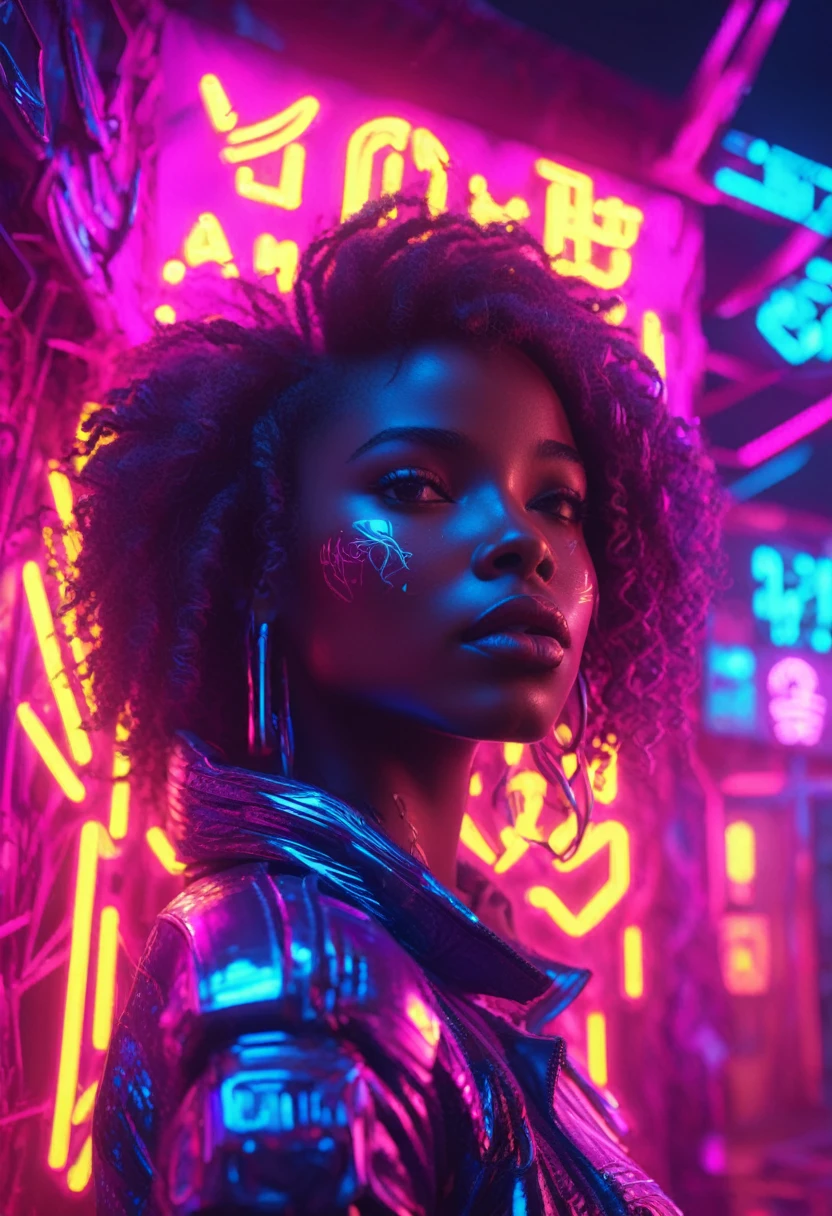 Beautiful black woman with curly hair standing next to a cyberpunk neon lit african designed hut, neon lights lighting the scene, night time, cyberpunk art, 32k, ultra HD, unreal engine rendered, cinematic lighting 