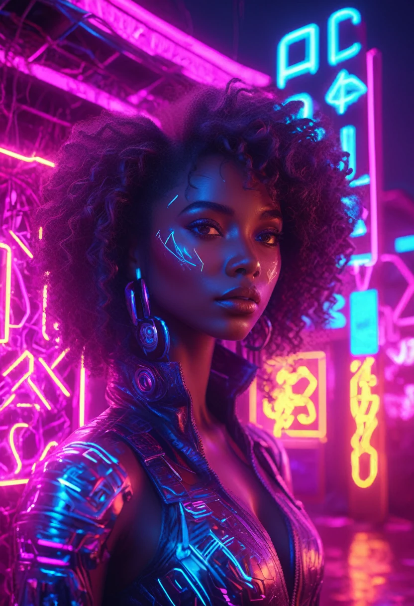 Beautiful black woman with curly hair standing next to a cyberpunk neon lit african designed hut, neon lights lighting the scene, night time, cyberpunk art, 32k, ultra HD, unreal engine rendered, cinematic lighting 