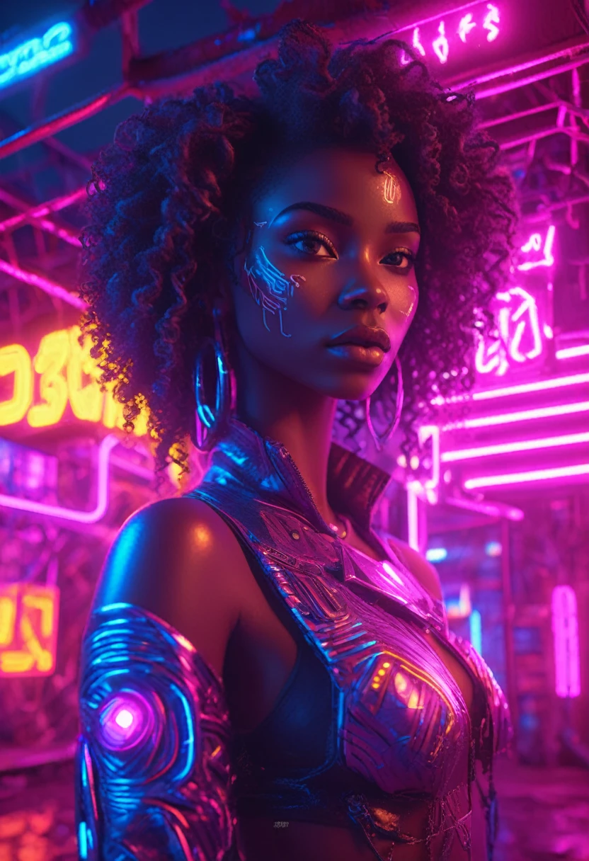 Beautiful black woman with curly hair standing next to a cyberpunk neon lit african designed hut, neon lights lighting the scene, night time, cyberpunk art, 32k, ultra HD, unreal engine rendered, cinematic lighting 