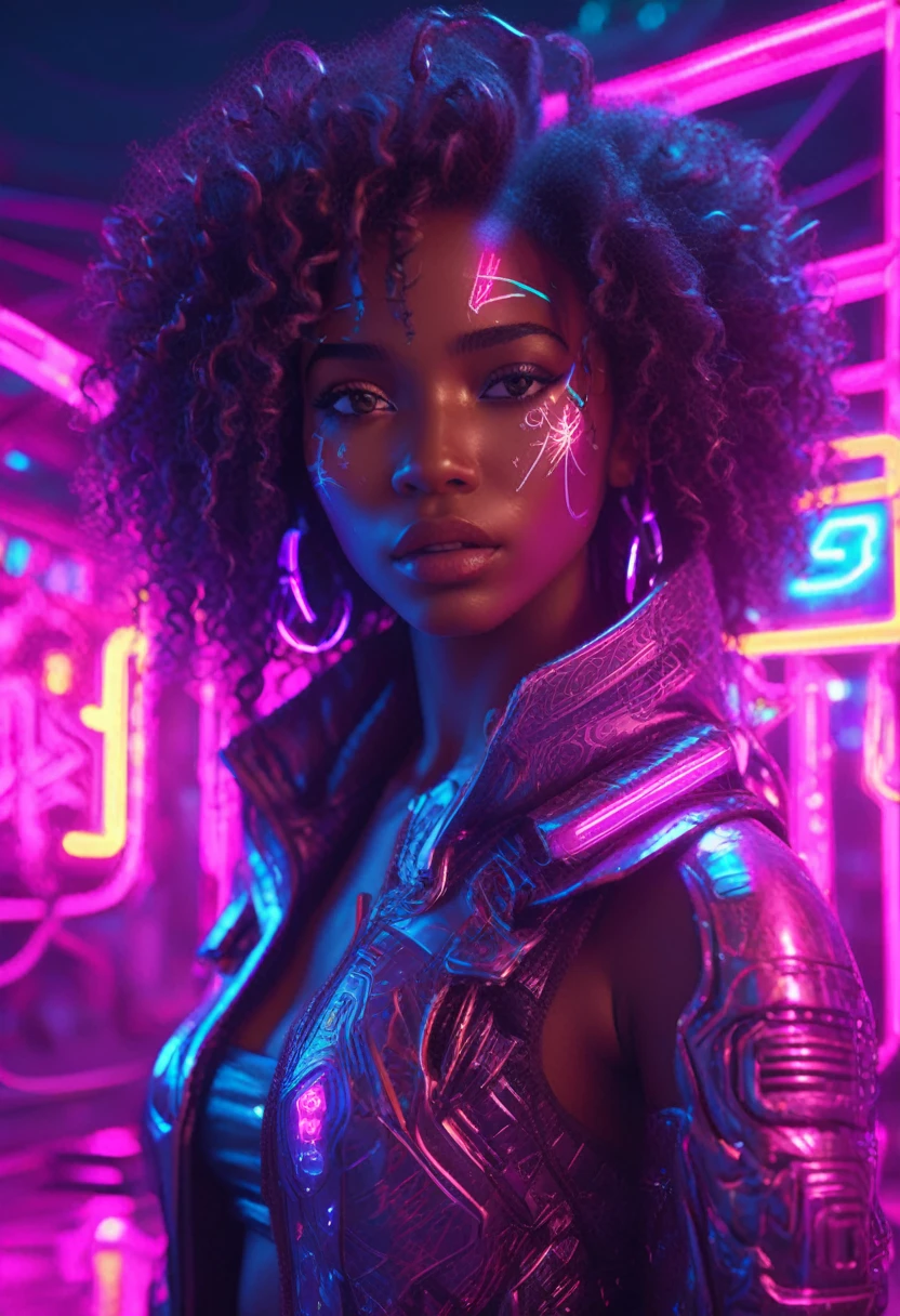 Beautiful black woman with curly hair standing next to a cyberpunk neon lit african designed hut, neon lights lighting the scene, night time, cyberpunk art, 32k, ultra HD, unreal engine rendered, cinematic lighting 