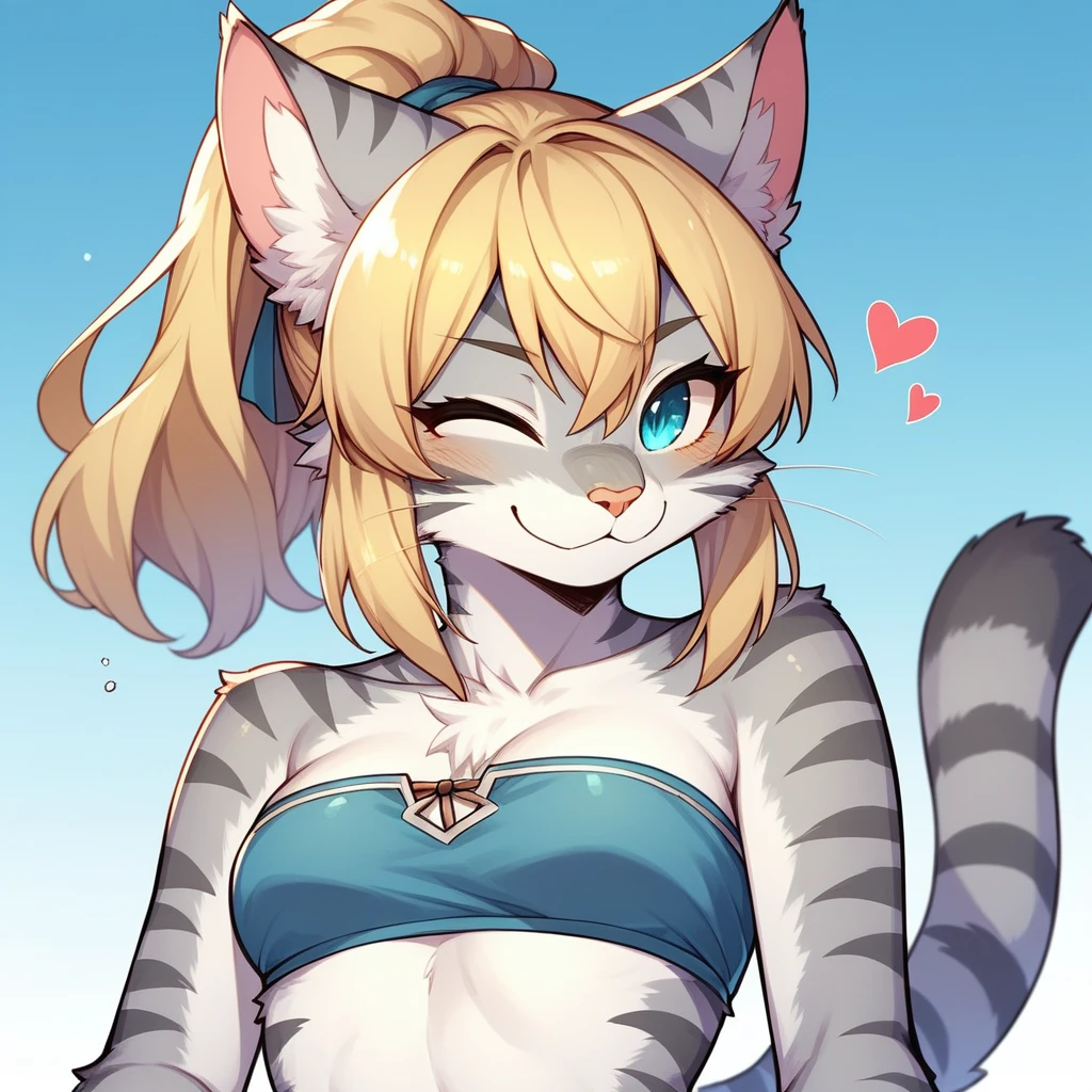 score_9,score_8_up,score_7_up, kemono style, Kat, Anthro furry feline, silver fur, grey stripes on body, blonde, ponytail, pink nose, :3, wearing blue bandeau, she is winking, making a heart with her hands,