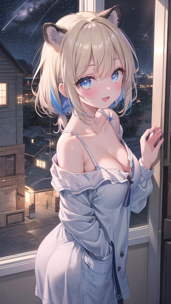 (8k, best quality, master piece: 1.2),super high resolution,1 girl, solo, colorshift eyes, hyperdetailed, expressive eyes, ultra-detailed face, ass pov, blouse、Random hairstyle、Random hair color、Midnight、Out of the window、Starry Sky, Collarbone, Ecstatic expression, cleavage,wariza, cowboy shot