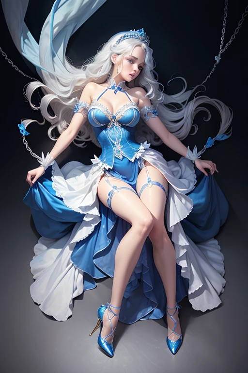 full body, brilliant, luminescent blue color eyes. combination of elegant detailed high-heeled shoes with pointed toes, straps around the ankle are embellished with delicate chains and beads, ribbons that wrap around the lower legs, tied into large elegant bows, korean, wavy silver hair, Diamond detailed crown, white satin gloves that extend slightly past the wrist.