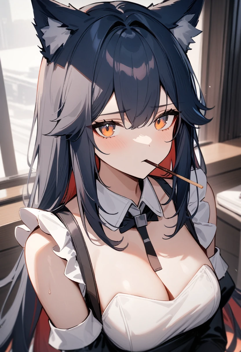 masterpiece, best quality, very aesthetic, absurdres, 1girl, sensitive, [texas\(arknights)], arknights,, upper body, long hair, wolf ears, bangs, breasts, alternate costume, maid, detached collar, pocky in mouth, expressionless, indoors