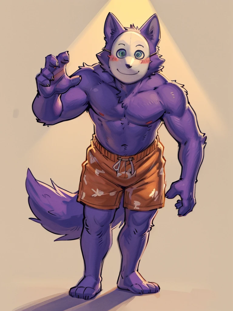 ((Best quality, masterpiece, detailed anatomy, detailed eyes, detailed hands, perfect lighting, perfect shading,)), by Zackary911, by Meesh, 1male, Kedamono, Wolf, purple furs, tight body, eyes, mask, skinny chub body, young body, shirtless, orange shorts, barefoot, at the white background 