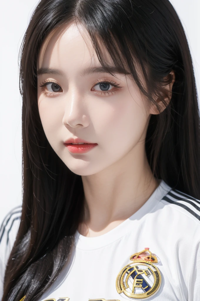 {{{Real Madrid}}}, {{Adidas soccer jersey on white background}}, {{{best quality}}}, {{{realistic}}}, {{{Detailed facial description}}}, realistic 눈동자, blonde long hair, {{beautiful western beauty}}, female, realistic 유니폼 주름, {{{Real Madrid}}}, {{{soccer stadium}}}, Sponsor's name is Fly Emirates, {{{busty}}}, {{{uniform is wet}}}, {{{Nipples are shining}}}
