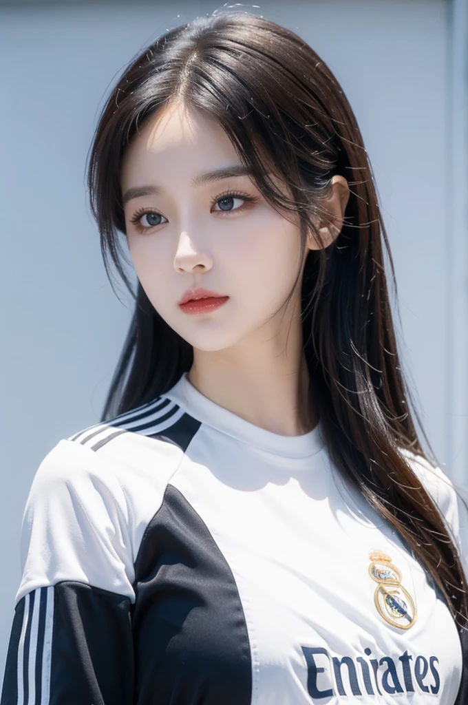 {{{Real Madrid}}}, {{Adidas soccer jersey on white background}}, {{{best quality}}}, {{{realistic}}}, {{{Detailed facial description}}}, realistic 눈동자, blonde long hair, {{beautiful western beauty}}, female, realistic 유니폼 주름, {{{Real Madrid}}}, {{{soccer stadium}}}, Sponsor's name is Fly Emirates, {{{busty}}}, {{{uniform is wet}}}, {{{Nipples are shining}}}