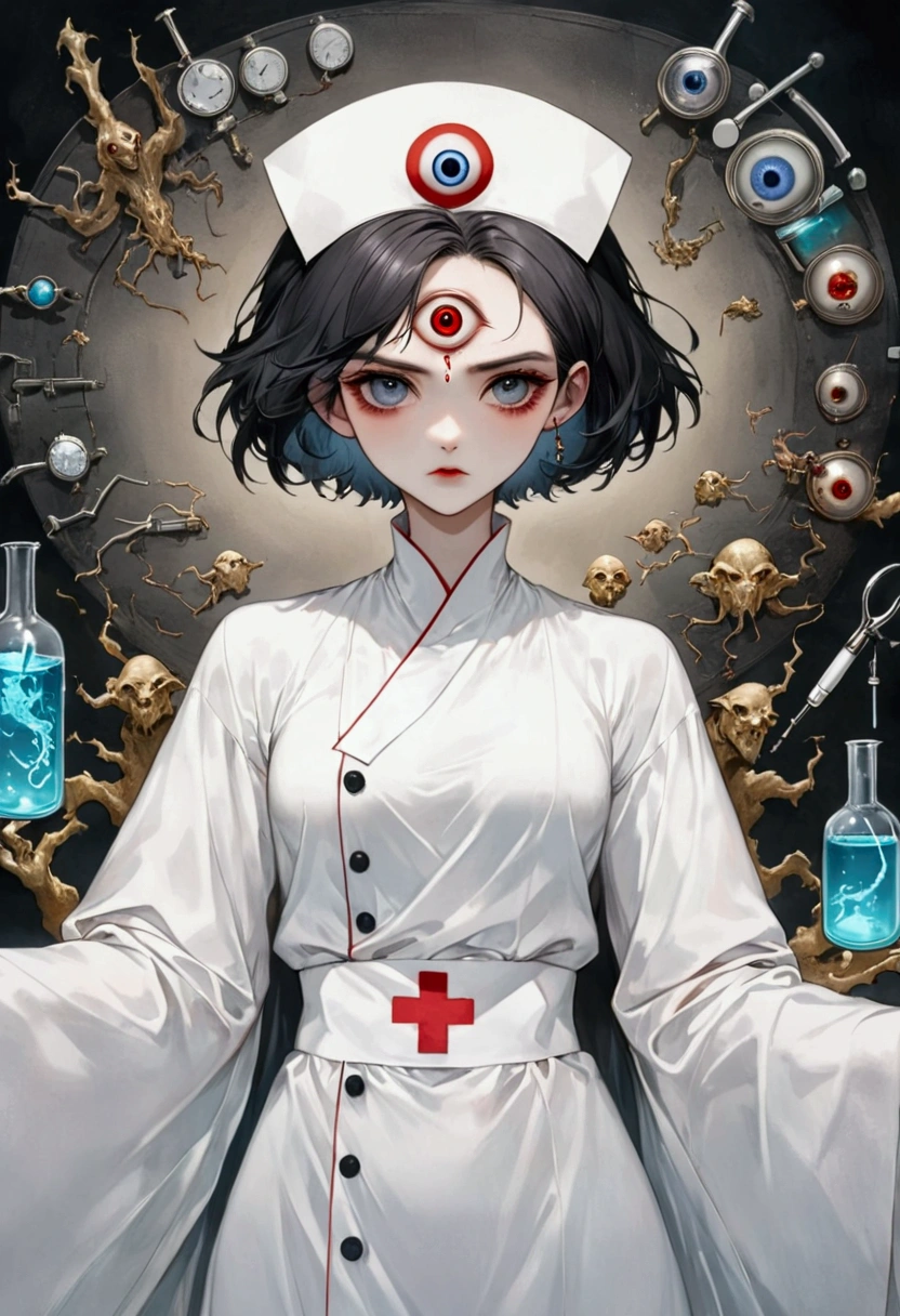 Gothic Dark Art,(((Lord Nether,short hair,独奏,third eye on the forehead))),(((robe:1.6,Eye Diagram,Dark Pattern))).(((Nurse hat,Infusion bottles,medical instruments))),whole body,Death Stare Background。body movements