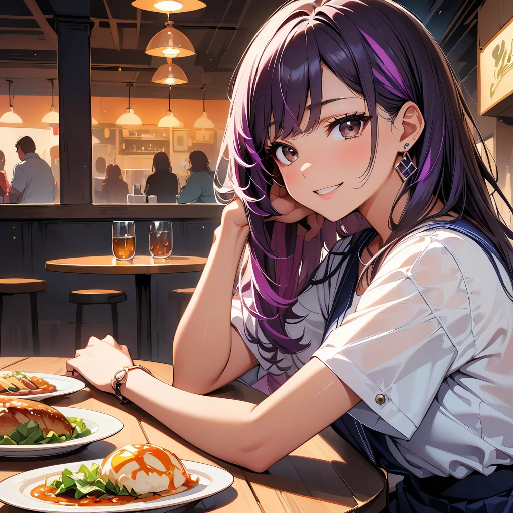 1girl, solo, animal ears, pose, happy, smiling, fangs, purple bear ears, purple hair, ahoge, bangs, short hair, original character, pink eyes, magenta eyes, red eyes, multicolor eyes, short hair, wavy hair, swept bangs, small breasts, flat chest, bear ears, tired, sleepy, bags under eyes, beauty mark, young, loli, short eyebrows, bar, nighttime, bar background, smug, drunk, laughing, flushed, blushing, smirk, full face blush, doyagao, :3, >:3, red face, >///<, drunk, food awe, food, looking at food, star pupils, awe, food, tempura, food plate, eating, tongue out, mouth drool, drooling