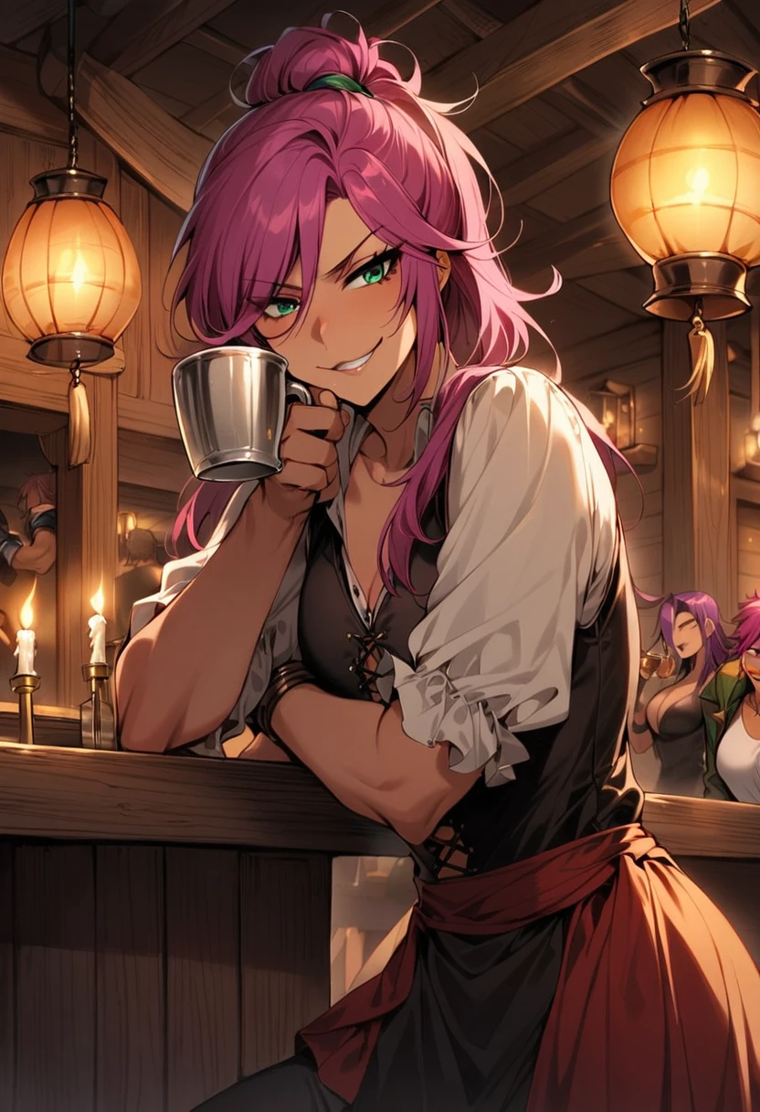 1girl, faris scherwiz, final fantasy, masterpiece, best quality, absurdres, androgynous, crossdressing, tavern scene, bar counter, observing, rowdy crew, drinking, carousing, pirate captain attire, long pink hair tied back, masculine pose, smirk, half-empty mug, dim lighting, wooden interior, busy background, detailed facial expression, confident aura, candles, tavern patrons, beer barrels, hanging lanterns